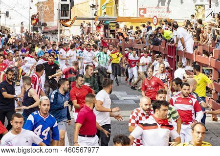 Running Of The Bulls. Bulls. Bull Runs. Encierro That Is Celebrated In The Town Of San Sebastian De 
