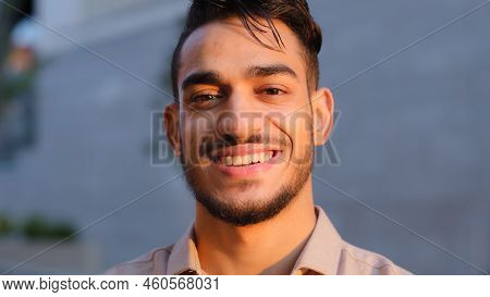 Moving Camera Hispanic Business Man Happy Arabian Bearded Guy Satisfied Cheerful Carefree Model Smil