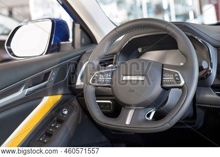Russia, Izhevsk - February 17, 2021: Interior Of New Modern F7x Car In Haval Showroom. Car Manufactu