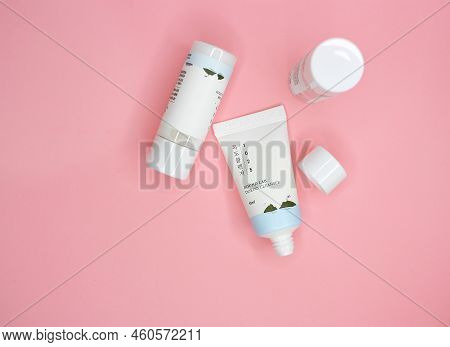 Kyiv, Ukraine - 19 August 2022: Flat Lay Set Of Travel Size Mini Korean Skin Care Products Tonic, Cl