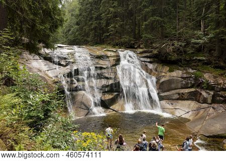 Harrachov, Czech Republic - August 22, 2020: Mumlavsky Vodopad Waterfall In Krkonose (giant Mountain