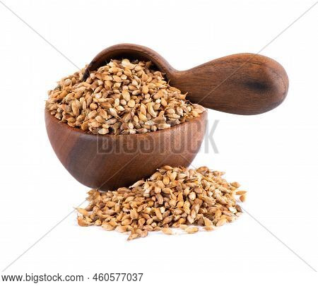 Utsho Suneli Seeds In Wooden Bowl And Spoon, Isolated On White Background. Trigonella Caerulea Or Bl