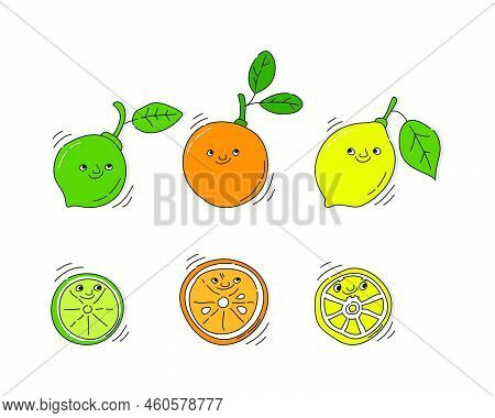 Lemon, Orange And Lime Fruit With Smile On White Background. Whole Citrus Fetus And Its Half. Cartoo