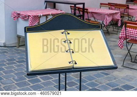 Open Restaurant Menu At Free Standing Holder Copy Space