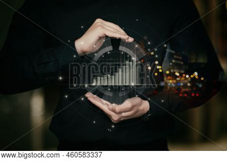 Concept Of Trend Protection And Financial Growth. Businessman Protecting Hand Gestures Financial Gro