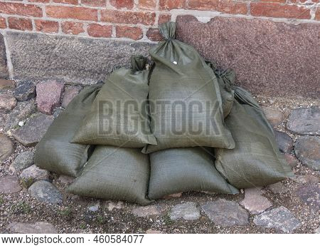 Sandbags Of Hessian Burlap For Flood Control Or Military Fortification