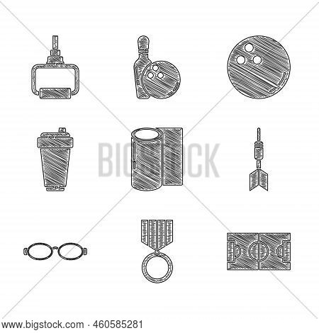 Set Fitness Mat Roll, Medal, Football Or Soccer Field, Dart Arrow, Glasses For Swimming, Shaker, Bow