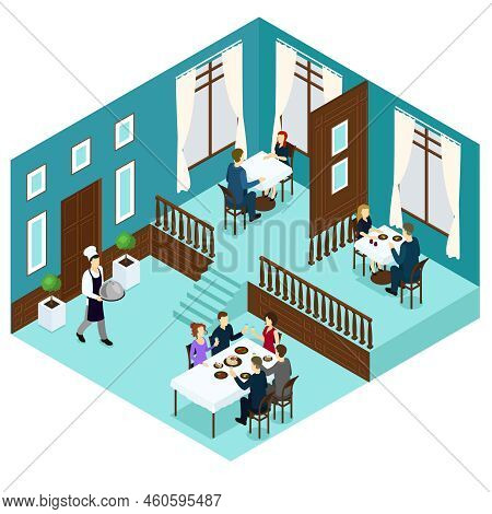 Isometric Restaurant Dining Room Concept With Visitors Sitting At Tables And Chef Serving His Specia