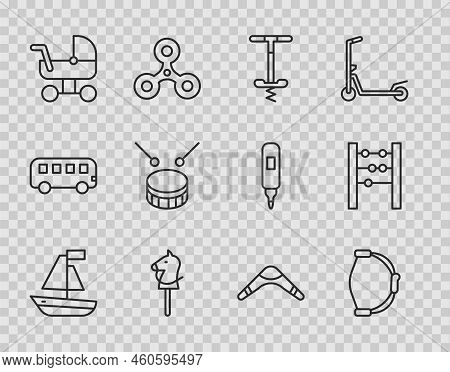 Set Line Toy Boat, Bow Toy, Pogo Stick Jumping, Horse, Baby Stroller, Drum With Drum Sticks, Boomera