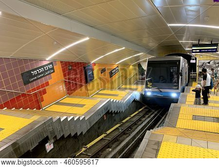 Haifa, Israel - August 08, 2022: Platform Of The Carmelite Train. Carmelite - Underground Funicular 