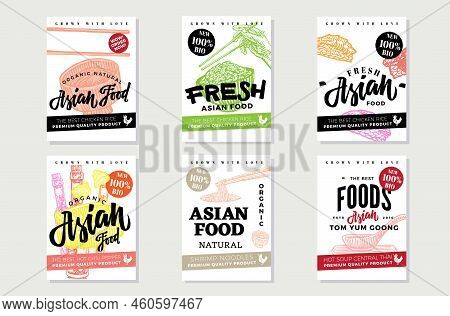 National Asian Food Sketch Posters With Traditional Products And Meals Of Japanese Indonesian And Ch