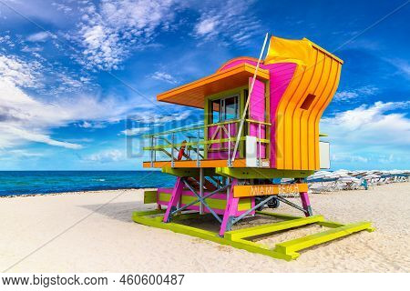 Lifeguard Tower In Miami Beach, South Beach In A Sunny Day, Florida