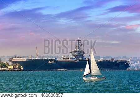 Modern Nuclear Aircraft Carrier In San Diego, California, Usa