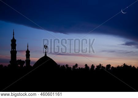 Ramadan,eid Ai-fitr,new Year Muharram Islamic Religion Symbols With Mosques Dome Silhouette With Cre