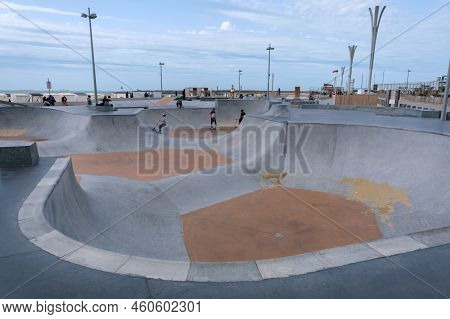 Calais, France - 19 June 2022: Calais Skatepark Is One Of The Largest Outdoor Skateparks In France