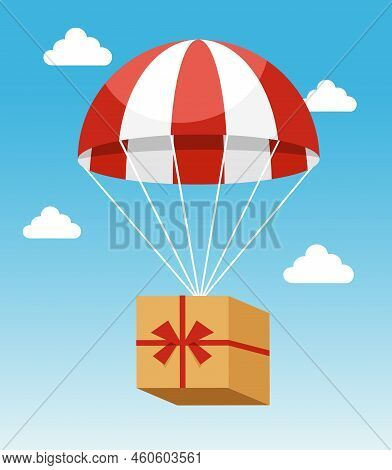 Delivery Concept - Attractive Red And White Parachute Carrying Delivery Cardboard Box On Light Blue 