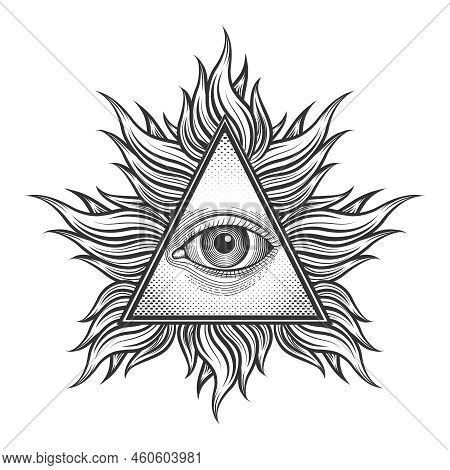 All Seeing Eye Pyramid Symbol In The Engraving Tattoo Style. Freemason And Spiritual, Illuminati And