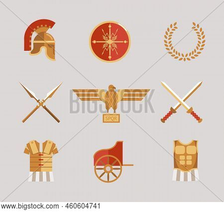 Set Of Ancient Warrior Vector Accessories With A Helmet  Spears  Swords  Wreath  Tunic  Breastplate 