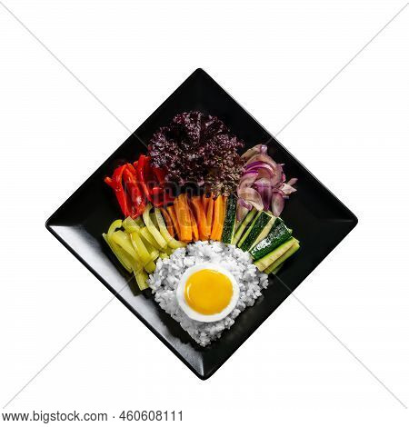 Korean Meal Isolate, With A Variety Of Snacks With Vegetables And Eggs. Diet. Bibimbap. Top View. Sq