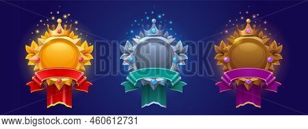 Game Frames For Avatar Or Level Rate. Empty Gold, Silver And Bronze Award Badges With Banners, Ui Ic