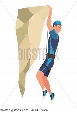 Mountain Climbing Person. Climber Men On Rock Mountain With Equipment. Extreme Outdoor Sports. Man O