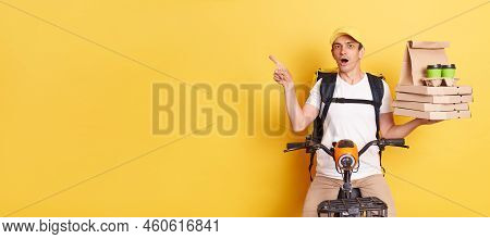 Astonished Courier Wearing Cap And White T Shirt Holding Pizza Boxes And Coffee, Delivering Orders O