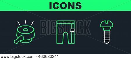 Set Line Metallic Screw, Bicycle Bell And Cycling Shorts Icon. Vector
