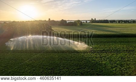 Aerial View By A Drone Of A Agriculture Field Being Irrigated By A Gigantic And Powerful Irrigation 