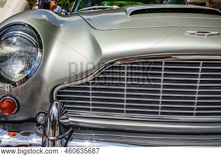 Highlands, Nc - June 11, 2022: Close Up Detail View Of A 1965 Aston Martin Db5 Hardtop Coupe Headlig