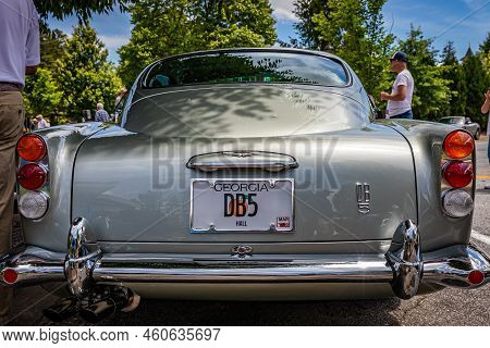 Highlands, Nc - June 11, 2022: Low Perspective Rear View Of A 1965 Aston Martin Db5 Hardtop Coupe At