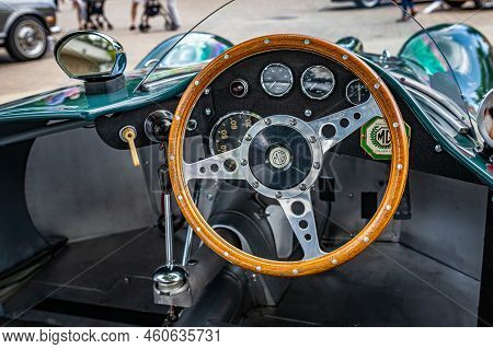 Highlands, Nc - June 11, 2022: Close Up Detail Interior View Of A 1950 Lester Mg T51 Sports Car At A