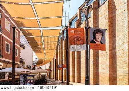 Merida, Spain - July 10, 2022: Typical Street In Historical Centre Of Merida During Summer With Bann
