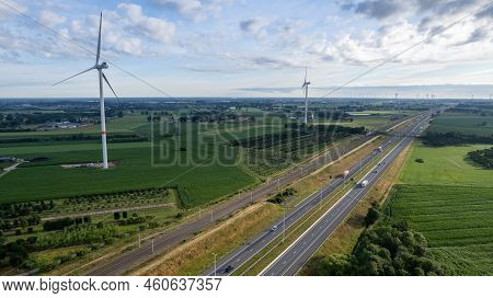 Brecht, Belgium, 6th Of July, 2022, Panoramic Aerial Drone View Of Wind Farm Or Wind Park, With High