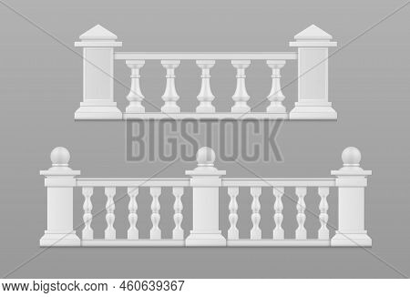 Marble Balustrade White Balcony Railing Handrails Antique Shape Set Realistic Vector Illustration