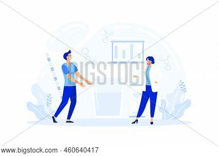 Male Character Give Urine Test In Clinical Laboratory. Tiny Doctors At Huge Microscope And Container