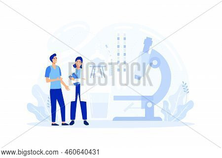 Male Character Give Urine Test In Clinical Laboratory. Tiny Doctors At Huge Microscope And Container