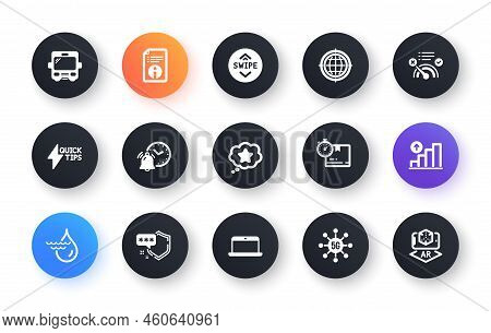 Minimal Set Of Bus, Cardboard Box And Quickstart Guide Flat Icons For Web Development. Alarm Clock, 