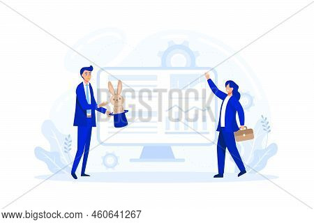 Marketing Trick And Business Magic. Businessman And Businesswoman Characters Perform Stunt With Rabb