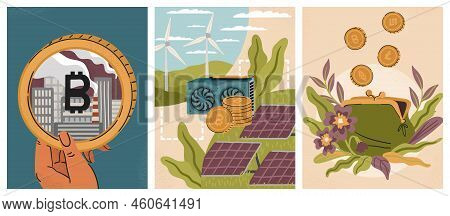 Esg Crypto Investment Concept Vector Posters Set. Green Mining, Bitcoin And Cryptocurrency Technolog