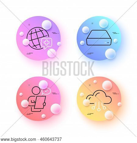 World Medicine, Mini Pc And Customer Survey Minimal Line Icons. 3d Spheres Or Balls Buttons. Cloud C