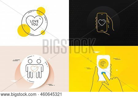 Minimal Set Of Friends World, Dating App And Love You Line Icons. Phone Screen, Quote Banners. Frien