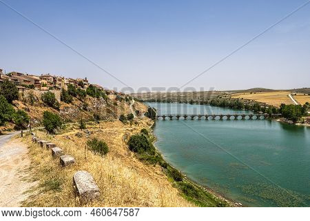 Bridge Over The Linares Del Arroyo Reservoir At The Medieval Village Maderuelo. Segovia. Spain. Euro