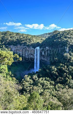 Canela, Rs, Brazil - May 20, 2022: Landscape Of The Cascata Do Caracol, A Big Waterfall On The Serra