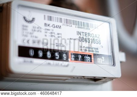 Riga, Latvia - August 30, 2022: Analog Screen Of Household Natural Gas Meter. Selective Focus
