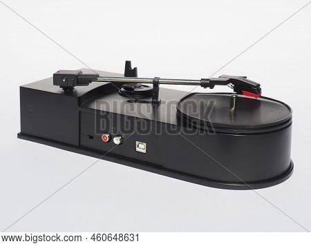 Mini Usb Turntable On A White Background. Mini Stereo Vinyl Recorder Player. Turntable What Supports