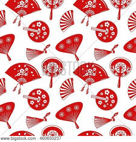 Hand Fans Seamless Pattern. Red Silhouette Oriental Fashion Paper Accessories. Culture Antique Objec
