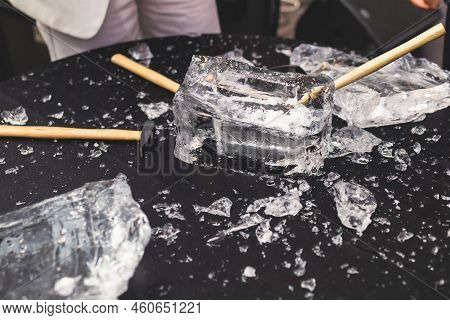 Process Of Breaking The Ice With Hammer And Ice Pick, Group Of People Smashing Shattered Ice Cube, T