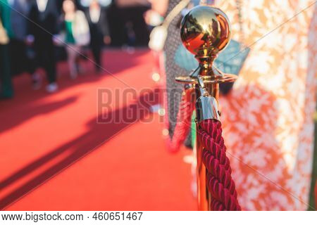Red Carpet With Ropes And Golden Barriers On A Luxury Party Entrance, Cinema Premiere Film Festival