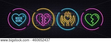Nice Girl, Break Up And Hold Heart Minimal Line Icons. Neon Laser 3d Lights. Broken Heart Icons. For