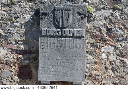 Ulmen, Germany - 08 09 2022: History Timeline On A Stone At Burgruine Ulmen